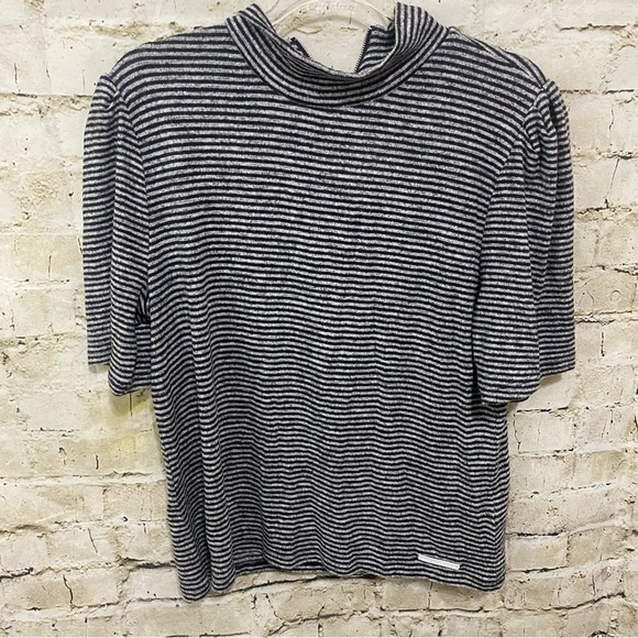 DKNY Jeans Gray Black Striped Soft Mock Neck Zip Back Knit Top - Picture 1 of 6